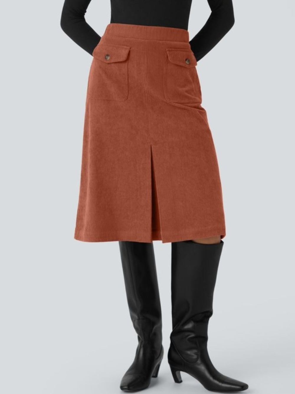 HALARA Burnt Orange Corduroy Midi Skirt with Center Slit